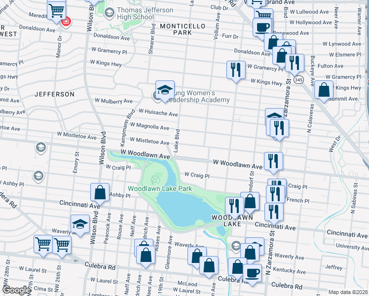 map of restaurants, bars, coffee shops, grocery stores, and more near 2050 West Mistletoe Avenue in San Antonio