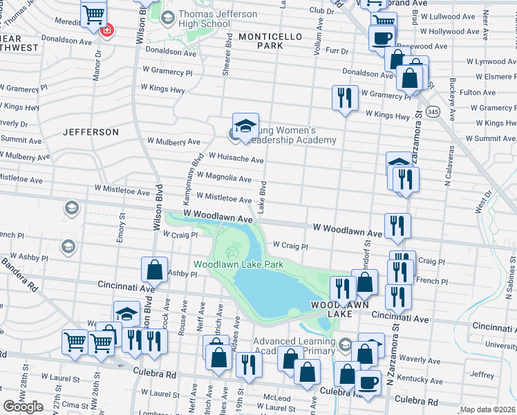 map of restaurants, bars, coffee shops, grocery stores, and more near 2106 West Mistletoe Avenue in San Antonio