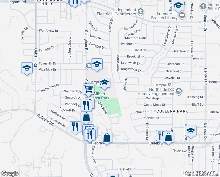 map of restaurants, bars, coffee shops, grocery stores, and more near 5700 Hemphill Dr in San Antonio