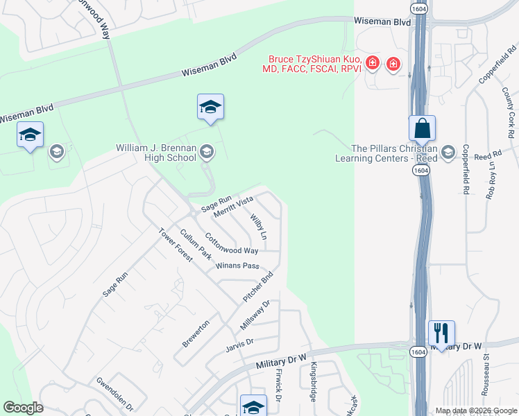 map of restaurants, bars, coffee shops, grocery stores, and more near 2126 Thayer Cove in San Antonio