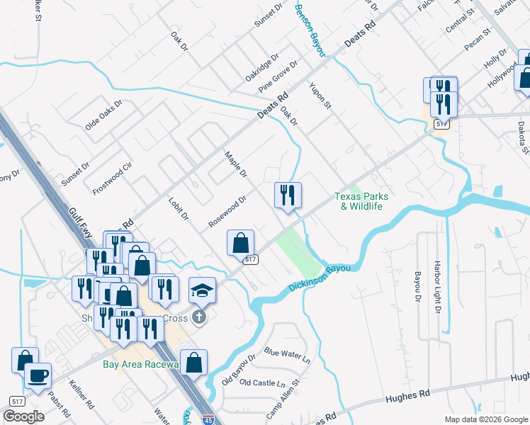 map of restaurants, bars, coffee shops, grocery stores, and more near 3520 Maple Drive in Dickinson