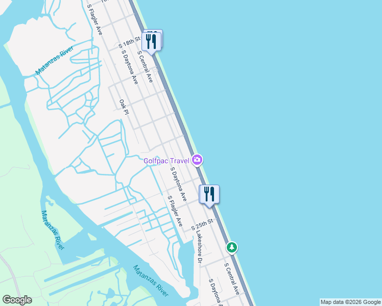 map of restaurants, bars, coffee shops, grocery stores, and more near 2236 Flagler Beach to Marineland Trail in Flagler Beach