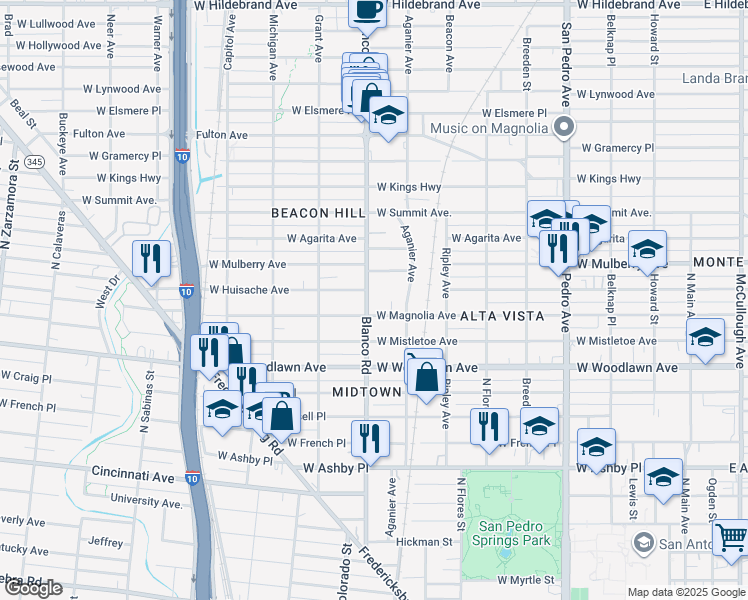 map of restaurants, bars, coffee shops, grocery stores, and more near 906 West Huisache Avenue in San Antonio
