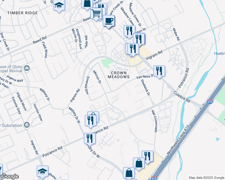 map of restaurants, bars, coffee shops, grocery stores, and more near 2102 Fox Meadow Drive in San Antonio