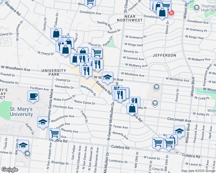map of restaurants, bars, coffee shops, grocery stores, and more near 2900 West Woodlawn Avenue in San Antonio
