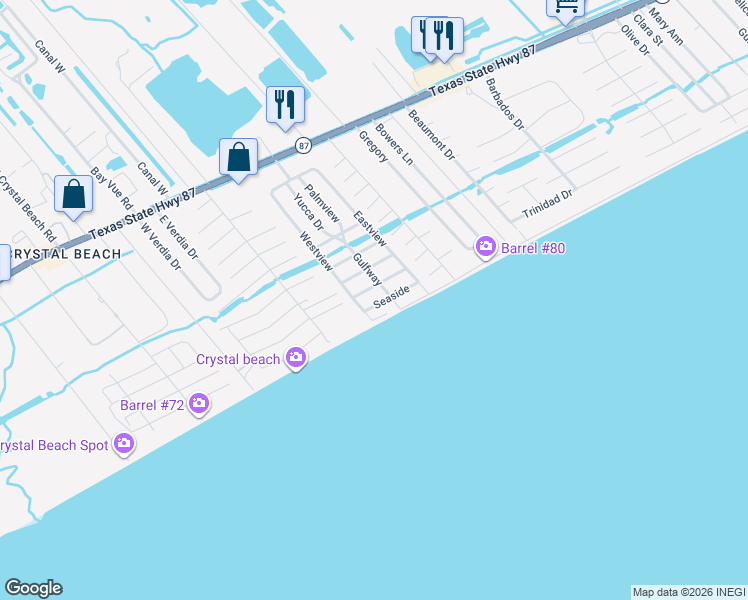 map of restaurants, bars, coffee shops, grocery stores, and more near 2005 Seaside in Bolivar Peninsula