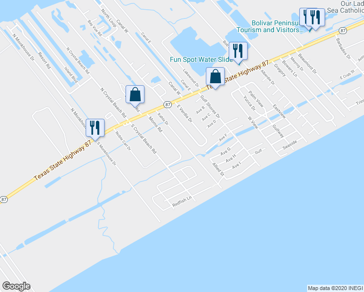 map of restaurants, bars, coffee shops, grocery stores, and more near 935 Kahla Drive in Bolivar Peninsula