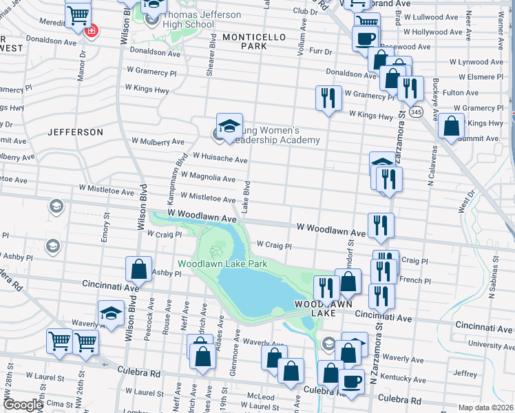 map of restaurants, bars, coffee shops, grocery stores, and more near 2050 West Mistletoe Avenue in San Antonio