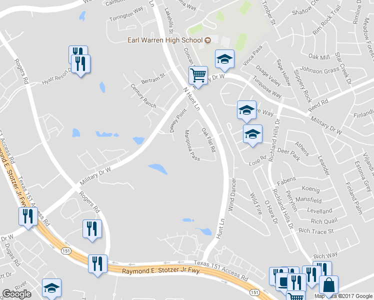 map of restaurants, bars, coffee shops, grocery stores, and more near 9458 Mariposa Pass in San Antonio