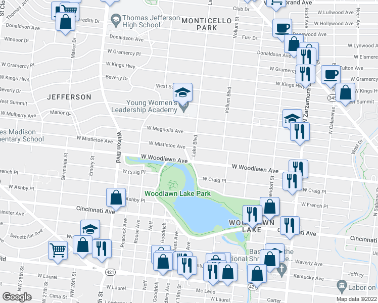map of restaurants, bars, coffee shops, grocery stores, and more near 2106 West Mistletoe Avenue in San Antonio