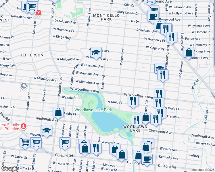 map of restaurants, bars, coffee shops, grocery stores, and more near 2050 West Mistletoe Avenue in San Antonio