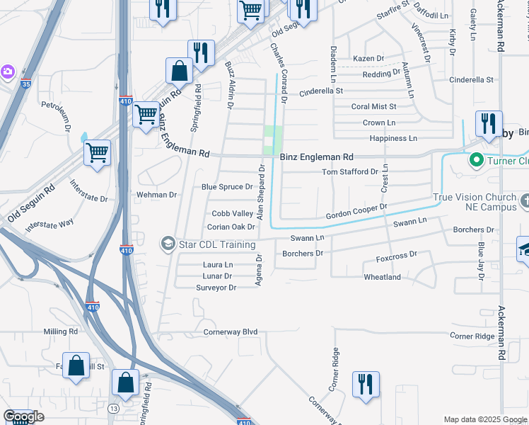 map of restaurants, bars, coffee shops, grocery stores, and more near 2703 Alan Shepard Drive in Kirby