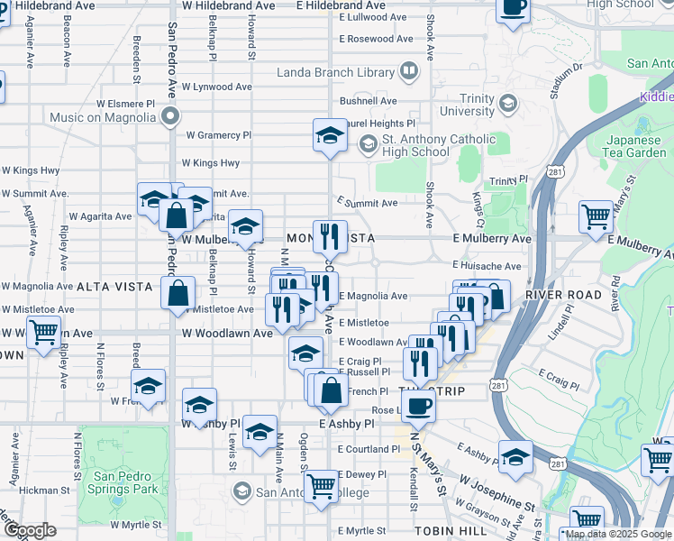 map of restaurants, bars, coffee shops, grocery stores, and more near 204 East Huisache Avenue in San Antonio