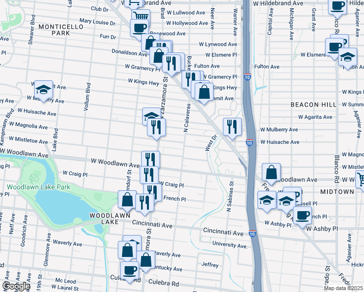 map of restaurants, bars, coffee shops, grocery stores, and more near 1602 West Magnolia Avenue in San Antonio