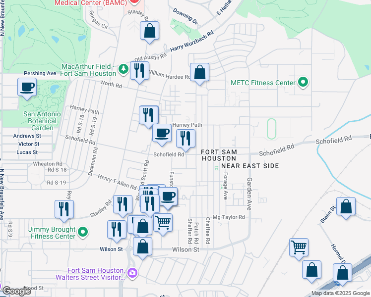 map of restaurants, bars, coffee shops, grocery stores, and more near 2899 Schofield Road in San Antonio