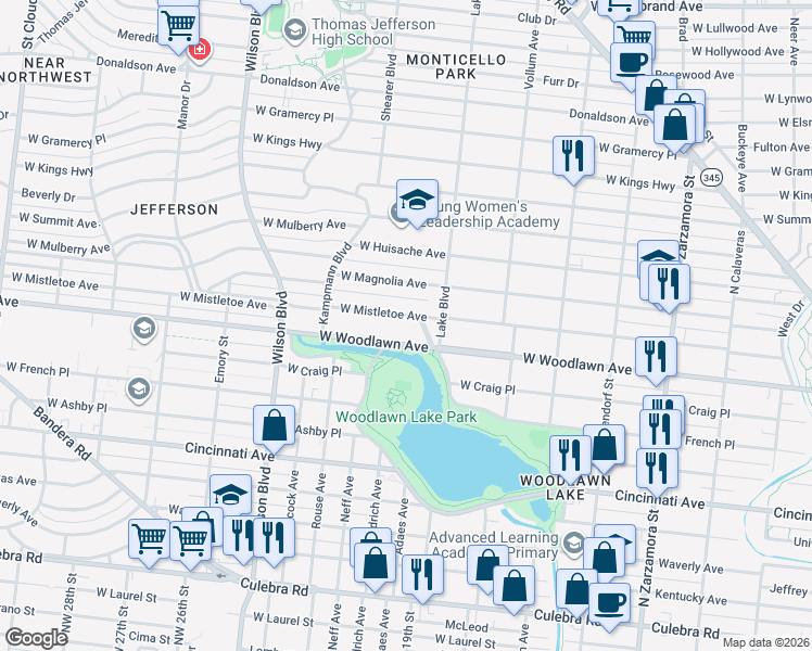 map of restaurants, bars, coffee shops, grocery stores, and more near 2106 West Mistletoe Avenue in San Antonio