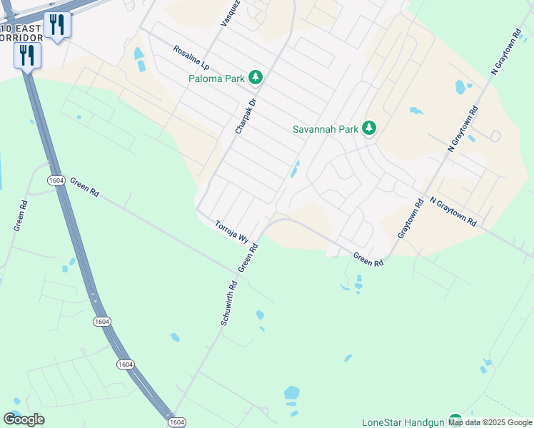map of restaurants, bars, coffee shops, grocery stores, and more near 10629 Green Road in Converse