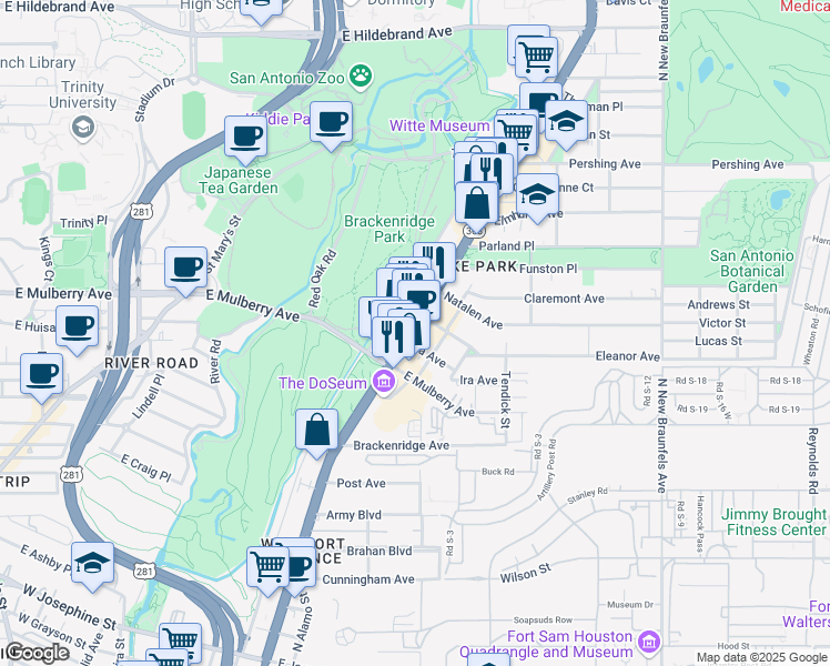 map of restaurants, bars, coffee shops, grocery stores, and more near 1100 Ira Avenue in San Antonio