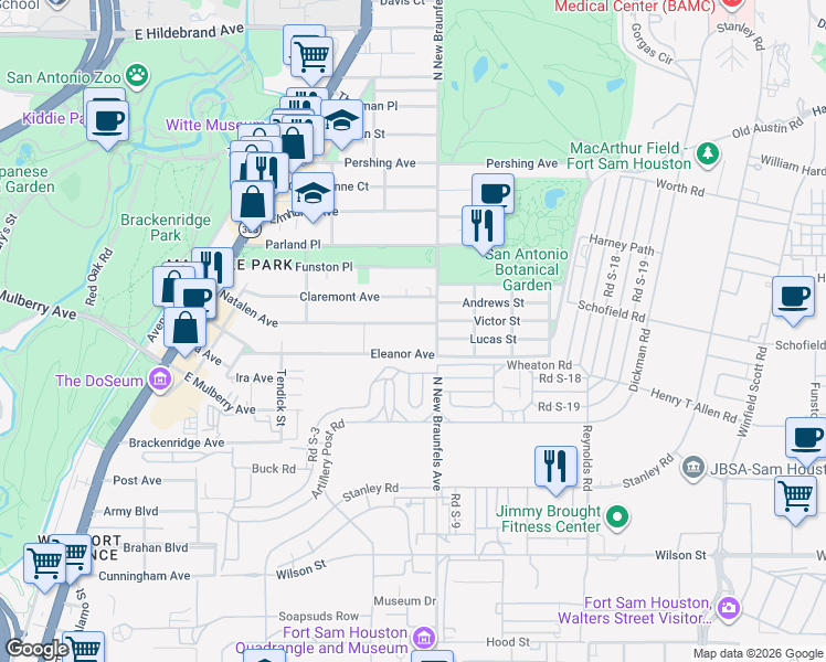 map of restaurants, bars, coffee shops, grocery stores, and more near 458 Natalen Avenue in San Antonio
