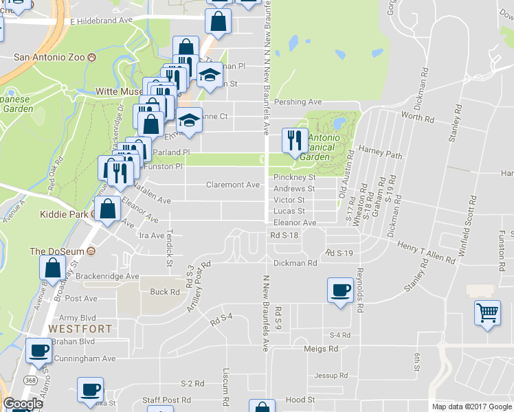 map of restaurants, bars, coffee shops, grocery stores, and more near 458 Natalen Avenue in San Antonio
