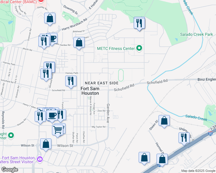 map of restaurants, bars, coffee shops, grocery stores, and more near Schofield Rd in San Antonio