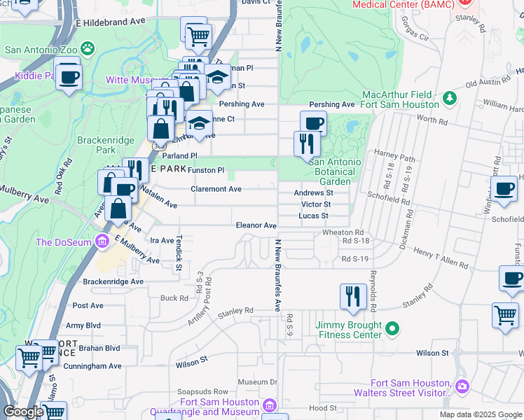 map of restaurants, bars, coffee shops, grocery stores, and more near 458 Natalen Avenue in San Antonio