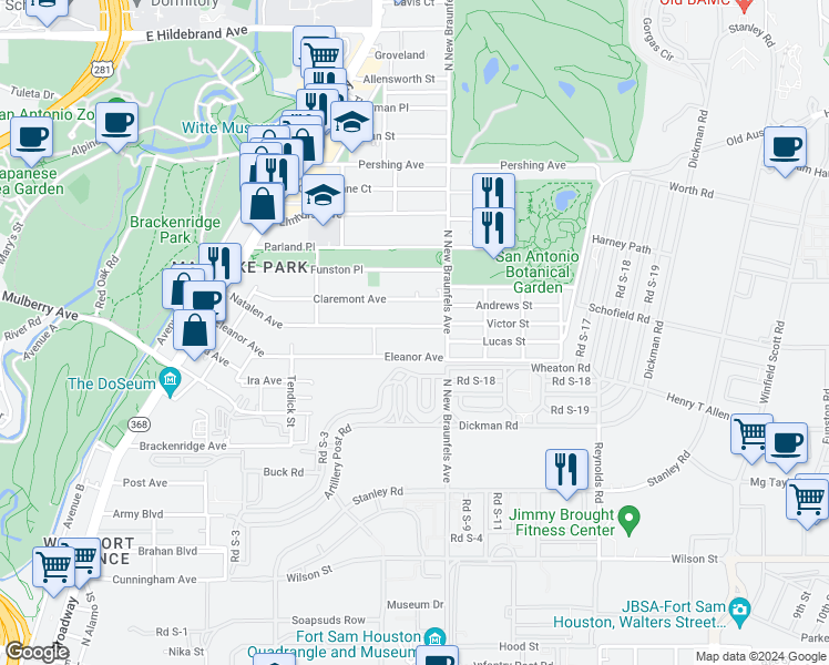 map of restaurants, bars, coffee shops, grocery stores, and more near 458 Natalen Avenue in San Antonio