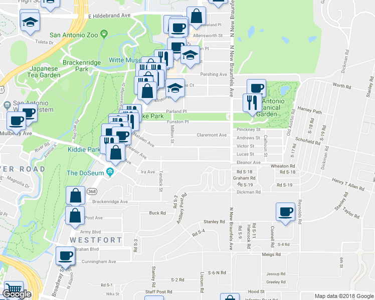 map of restaurants, bars, coffee shops, grocery stores, and more near 336 Natalen Avenue in San Antonio