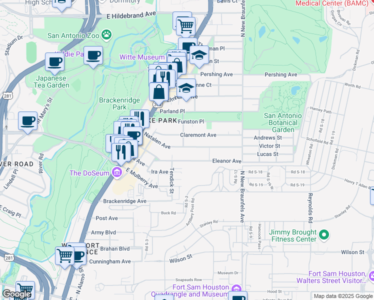 map of restaurants, bars, coffee shops, grocery stores, and more near 276 Natalen Avenue in San Antonio