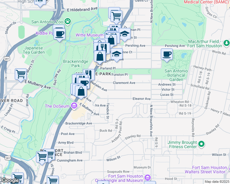 map of restaurants, bars, coffee shops, grocery stores, and more near 276 Natalen Avenue in San Antonio