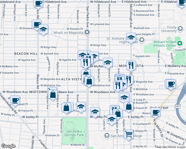 map of restaurants, bars, coffee shops, grocery stores, and more near 2222 San Pedro Avenue in San Antonio