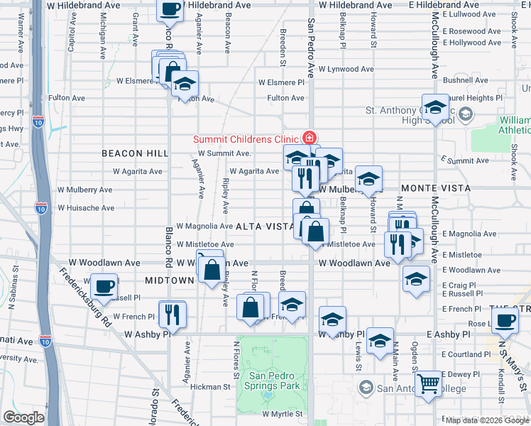 map of restaurants, bars, coffee shops, grocery stores, and more near in San Antonio