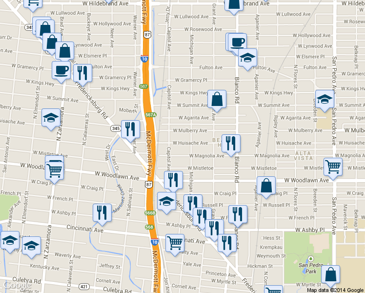 map of restaurants, bars, coffee shops, grocery stores, and more near 1114 West Huisache Avenue in San Antonio