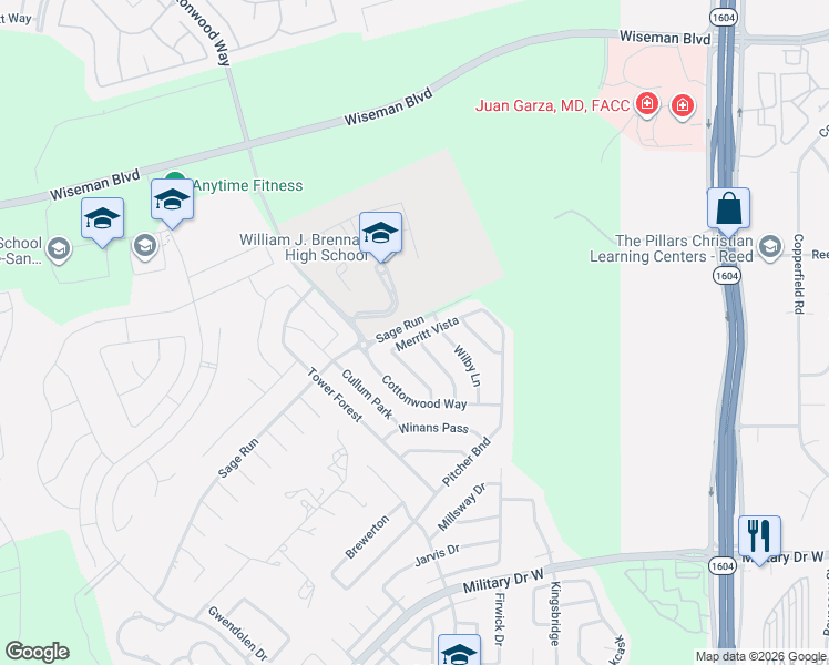 map of restaurants, bars, coffee shops, grocery stores, and more near 2419 Merritt Vista in San Antonio