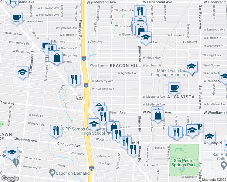 map of restaurants, bars, coffee shops, grocery stores, and more near 1044 West Huisache Avenue in San Antonio