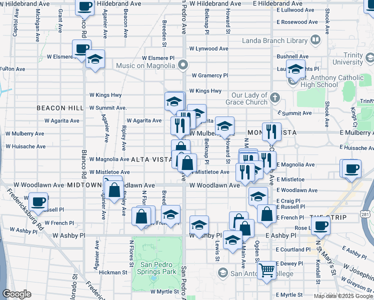 map of restaurants, bars, coffee shops, grocery stores, and more near 2222 San Pedro Avenue in San Antonio