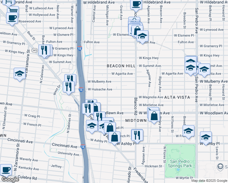 map of restaurants, bars, coffee shops, grocery stores, and more near 1020 West Huisache Avenue in San Antonio