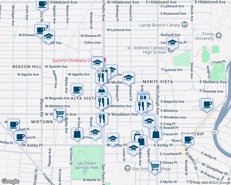 map of restaurants, bars, coffee shops, grocery stores, and more near 302 West Huisache Avenue in San Antonio
