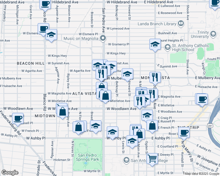 map of restaurants, bars, coffee shops, grocery stores, and more near 2222 San Pedro Avenue in San Antonio