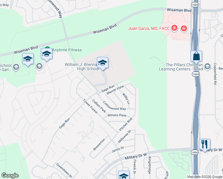 map of restaurants, bars, coffee shops, grocery stores, and more near 2419 Merritt Vista in San Antonio