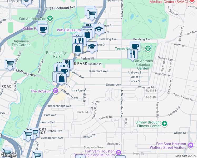 map of restaurants, bars, coffee shops, grocery stores, and more near 336 Natalen Avenue in San Antonio