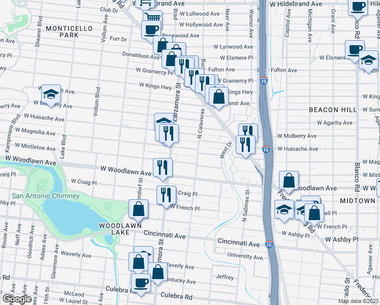 map of restaurants, bars, coffee shops, grocery stores, and more near 1602 West Magnolia Avenue in San Antonio