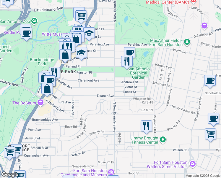 map of restaurants, bars, coffee shops, grocery stores, and more near 458 Natalen Avenue in San Antonio