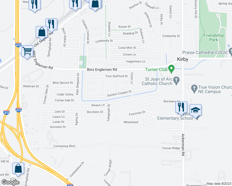 map of restaurants, bars, coffee shops, grocery stores, and more near 1604 Von Braun Dr in San Antonio