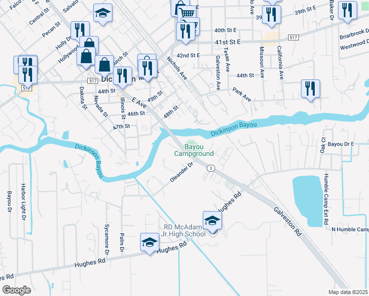 map of restaurants, bars, coffee shops, grocery stores, and more near 5020 State Highway 3 in Dickinson