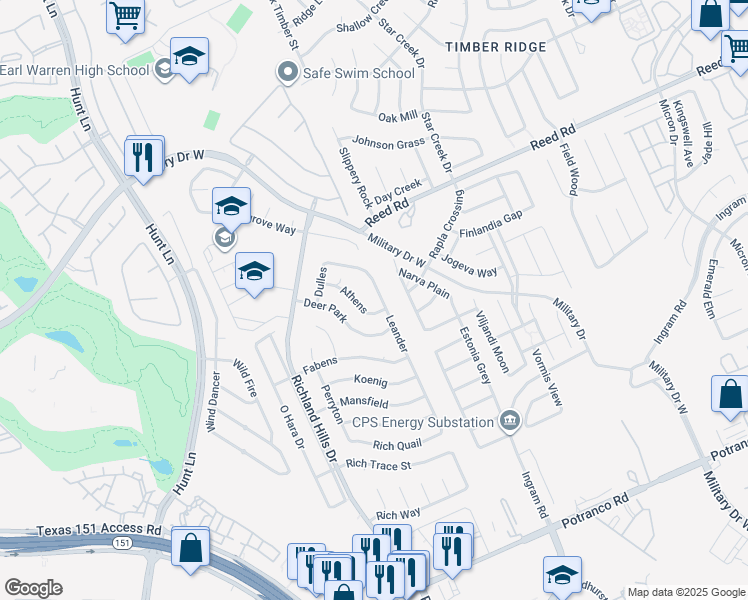 map of restaurants, bars, coffee shops, grocery stores, and more near 1811 Leander in San Antonio