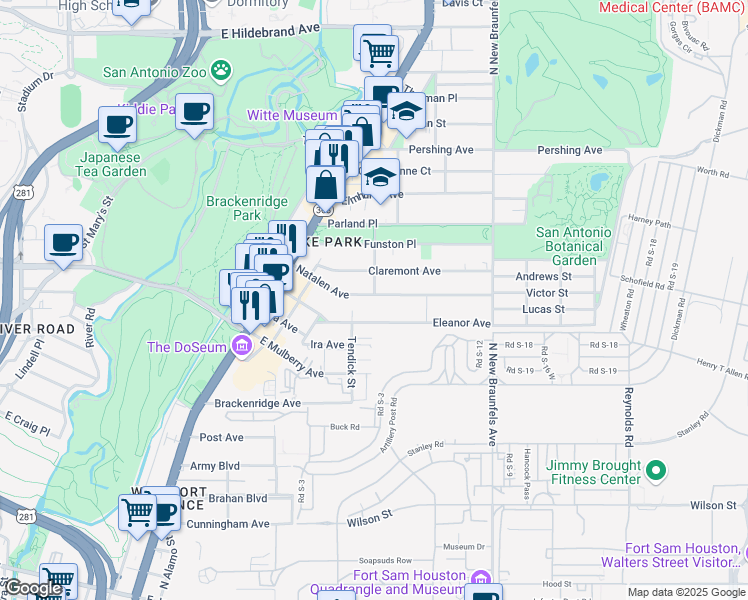 map of restaurants, bars, coffee shops, grocery stores, and more near 276 Natalen Avenue in San Antonio