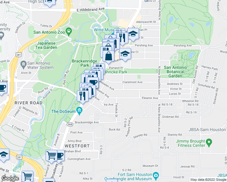 map of restaurants, bars, coffee shops, grocery stores, and more near 236 Natalen Avenue in San Antonio