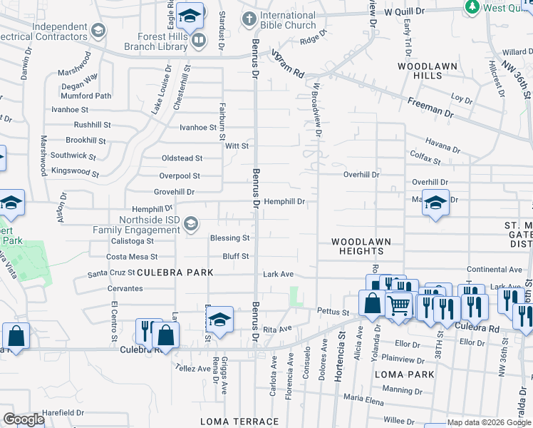map of restaurants, bars, coffee shops, grocery stores, and more near 4935 Cannon Drive in San Antonio