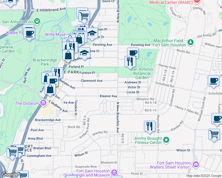 map of restaurants, bars, coffee shops, grocery stores, and more near 446 Natalen Avenue in San Antonio